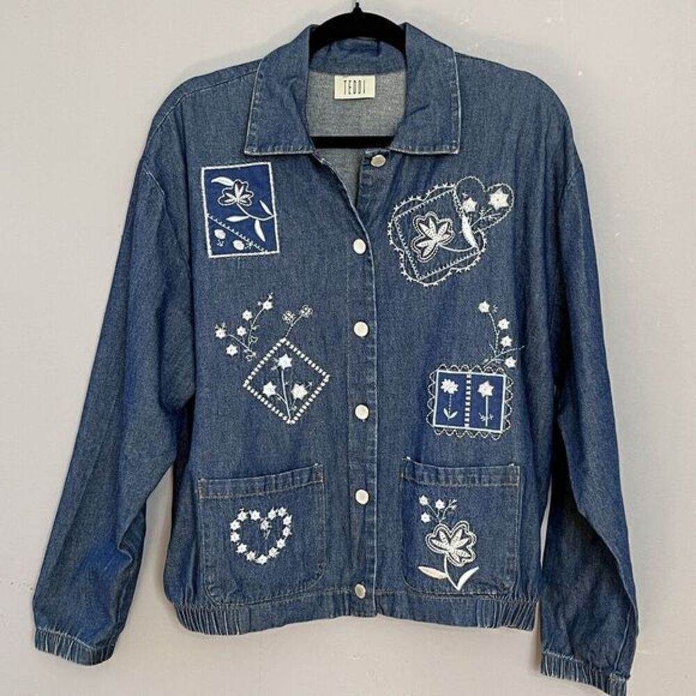 Teddi Women’s Vintage Denim Embroidered Jacket Size XL Mother Pearl Buttons